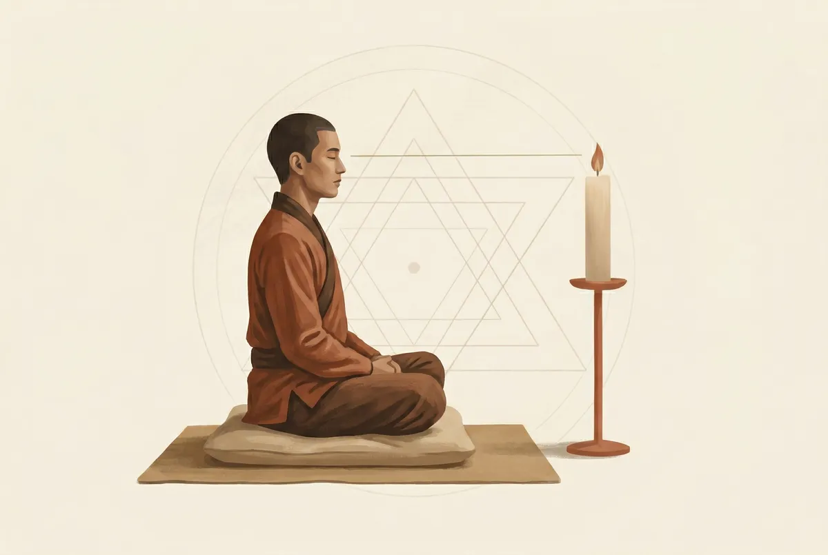 Seitenansicht-Illustration des korrekten Trataka-Aufbaus: Sitzposition mit Kerze auf Armlänge und Flamme auf Augenhöhe