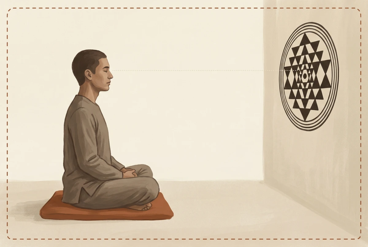 Seitenansicht-Illustration des korrekten Sri Yantra-Meditationsaufbaus: Sitzposition mit Yantra auf Augenhöhe an der Wand, 60 bis 90 Zentimeter entfernt