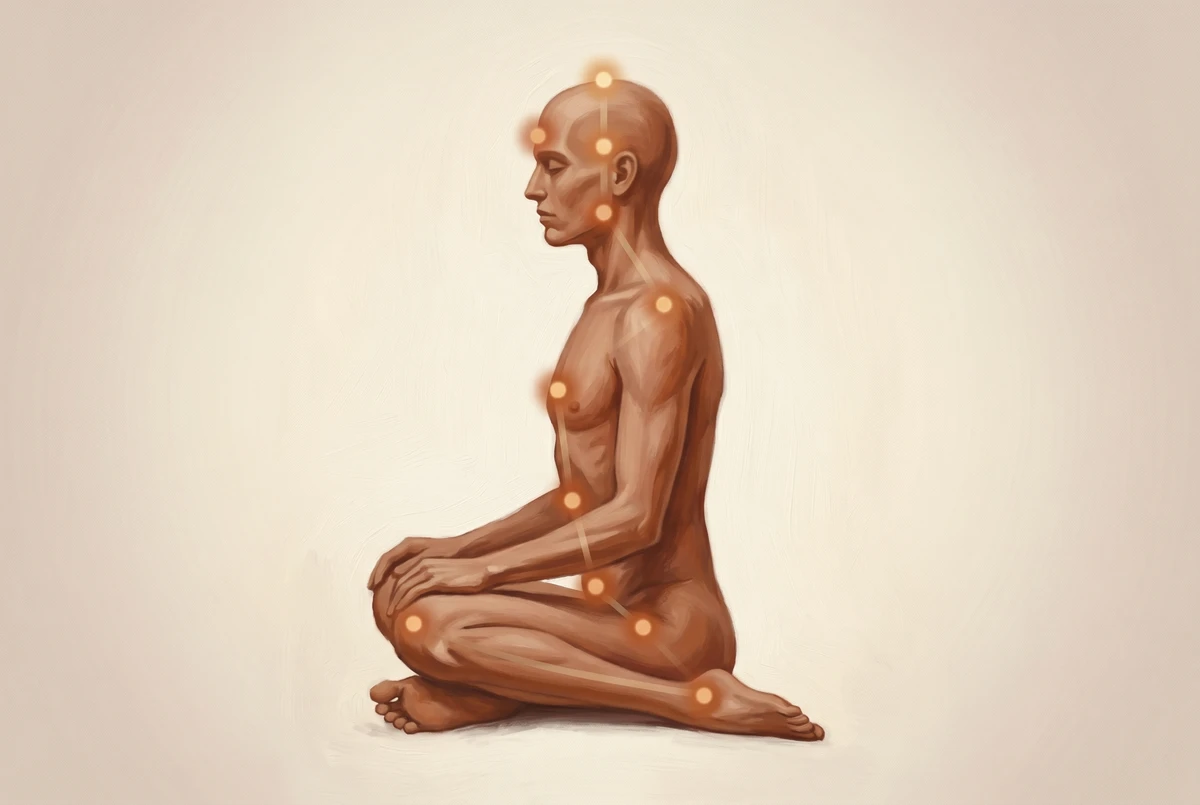 Seated figure in side view with warm glowing dots descending from crown to feet, marking the body scan attention path