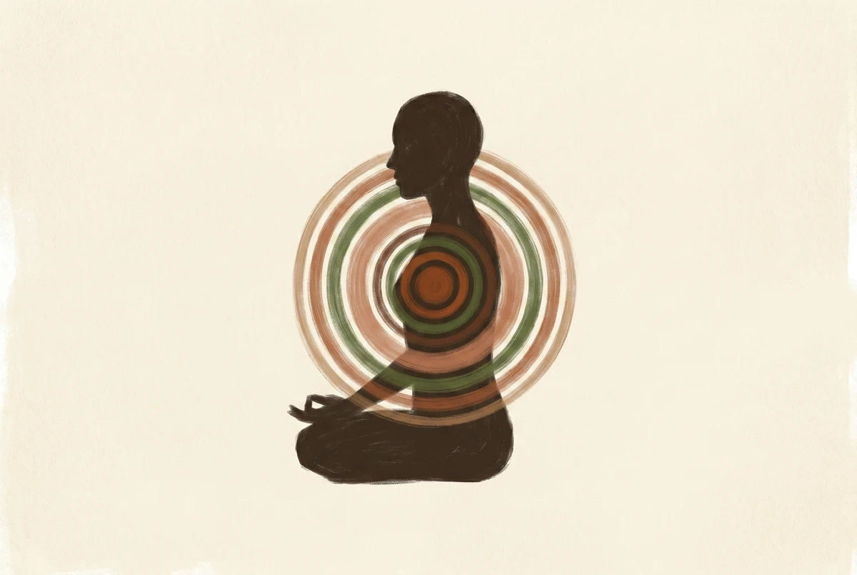 A seated figure in profile with concentric breath rings that loop back on themselves, suggesting the return cycle of breath counting