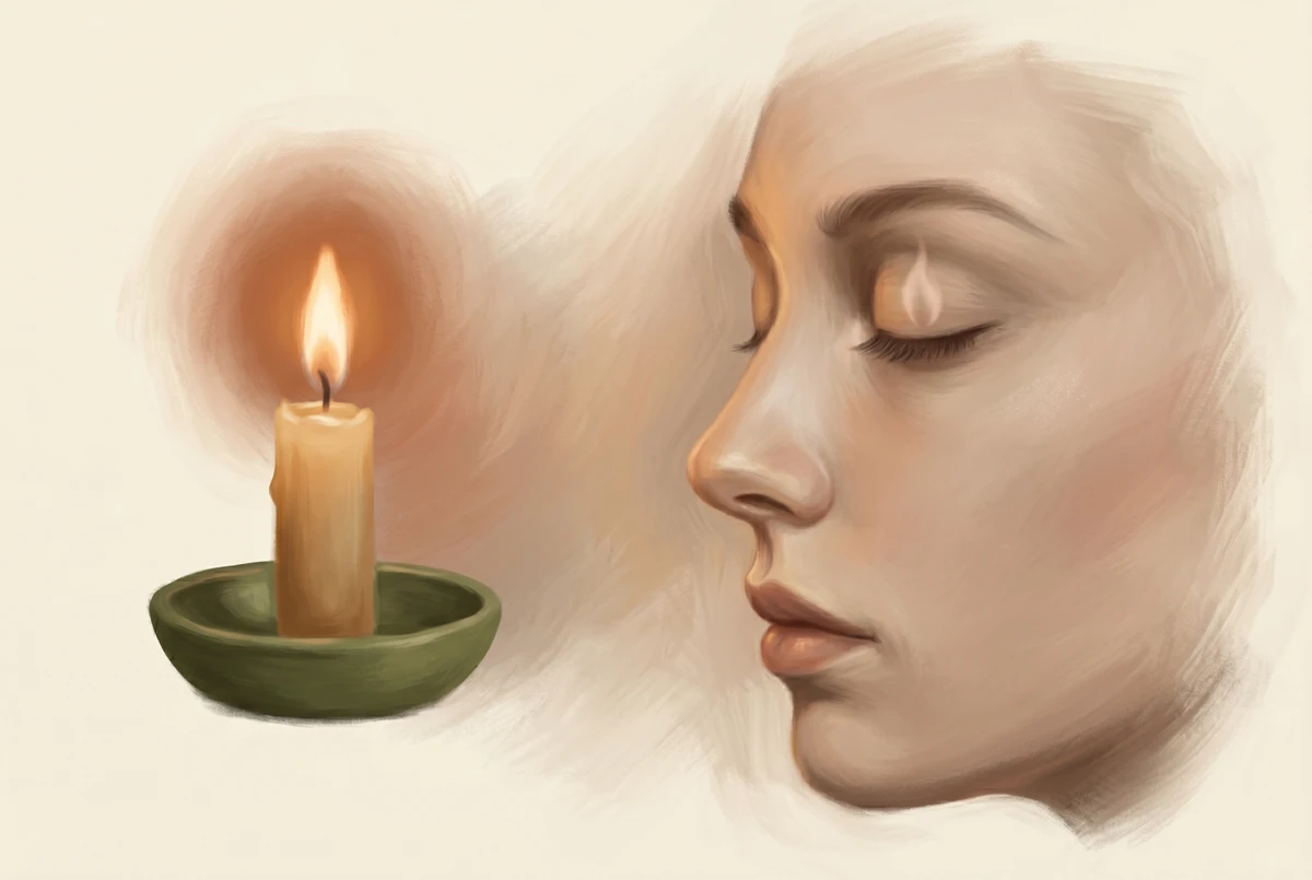 Painterly composition pairing a candle flame with a closed eyelid carrying the soft afterimage of the same flame
