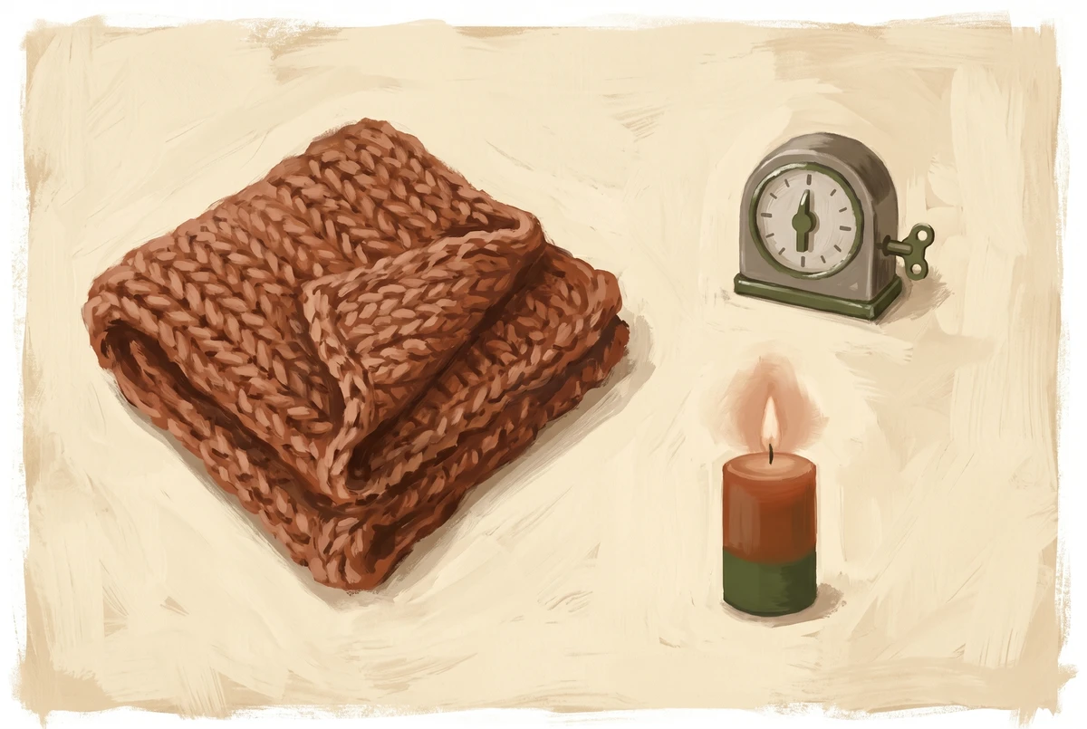 Overhead still life of a folded blanket, a mechanical kitchen timer, and a lit candle on a warm cream surface