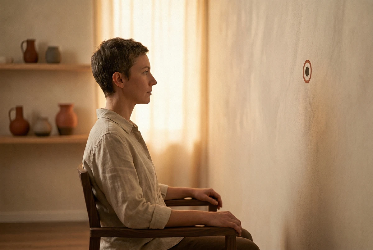 Vista lateral que muestra la postura correcta de trataka: persona sentada erguida, mirando a la altura de los ojos una pequeña marca en la pared a la distancia de un brazo, con luz suave detrás