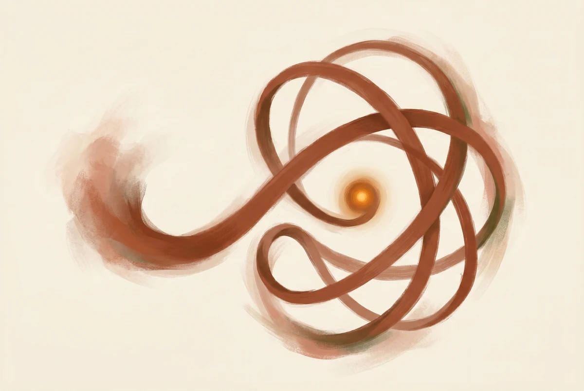 A sienna ribbon loops outward into hazy edges then curves back toward a small glowing amber anchor point at its center, repeated at different scales.