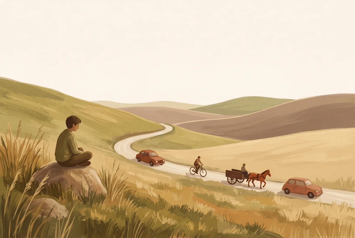 A solitary figure sits on a grassy hillside observing vehicles passing along a country road below without chasing any of them.