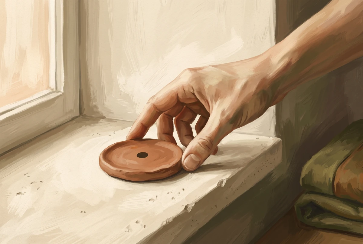 A hand placing a small clay focal disc on the windowsill of an unfamiliar room, recreating a meditation cue while travelling.