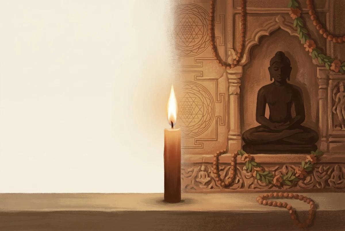 Una sola llama de vela en el centro, con una habitación sencilla y secular a la izquierda y un entorno de templo devocional con piedra tallada y guirnaldas a la derecha, mostrando cómo el contexto cambia el significado