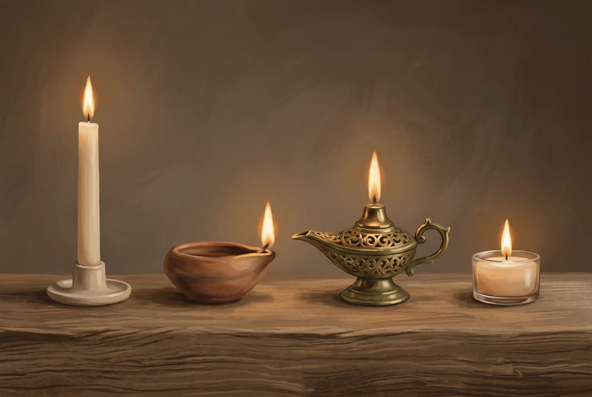 Cuatro recipientes con llama de distintas tradiciones culturales (vela alta, lámpara de aceite de barro, lámpara de aceite de latón y vela votiva), todos ardiendo con la misma luz ámbar sobre una superficie de madera