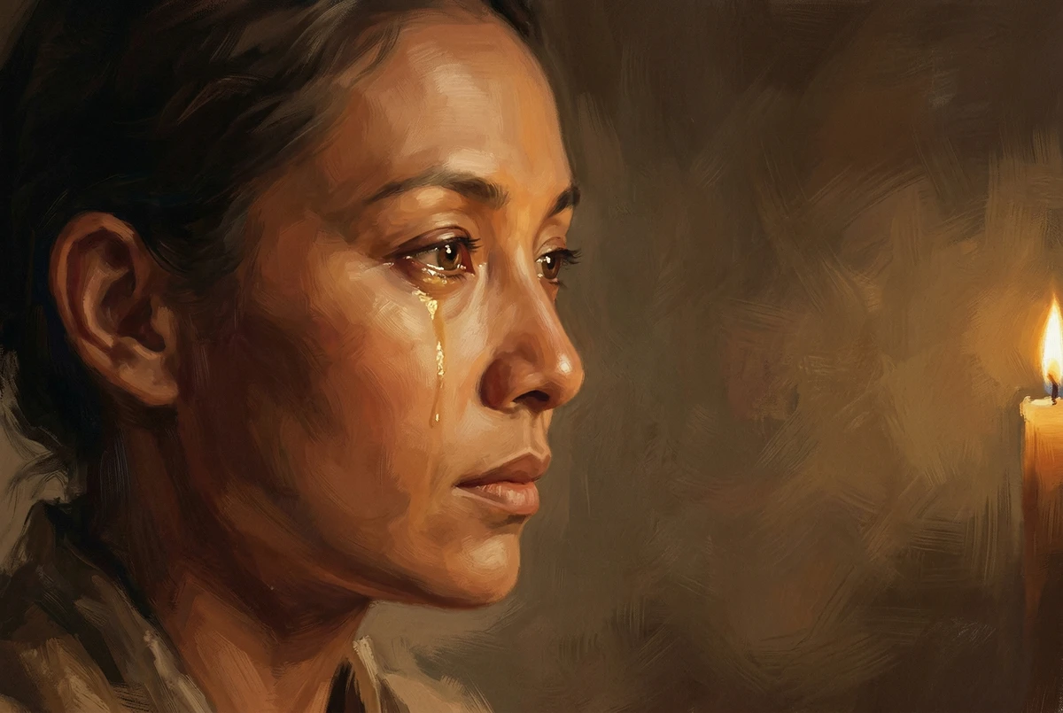 Primer plano del rostro de un meditador de perfil, con los ojos brillantes y un rastro de lágrima en la mejilla, ilustrando la instrucción clásica de trataka de mirar hasta que broten las lágrimas