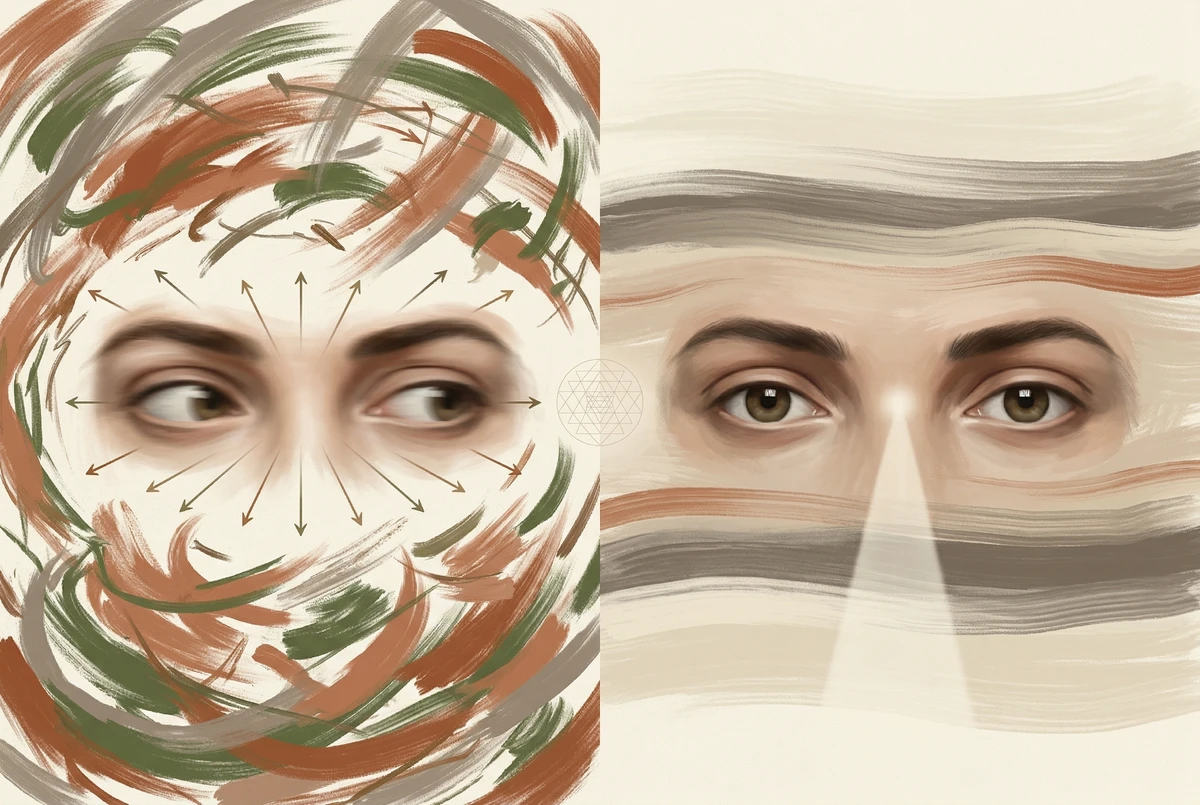Ilustración dividida que contrasta movimientos oculares dispersos con pinceladas caóticas a la izquierda y una mirada firme y enfocada con pinceladas calmadas y ordenadas a la derecha