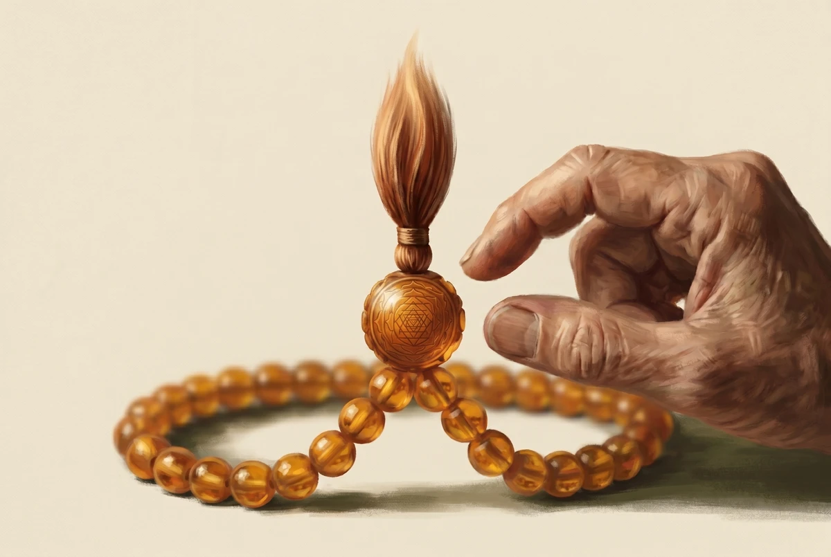 Close-up of the guru bead and tassel standing upright at the top of a mala with a thumb paused beside it before crossing