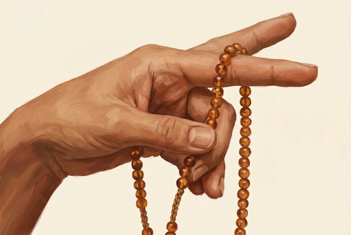 Close-up of a right hand holding a mala draped over the middle finger with the thumb pressing a single bead and the index finger curled away