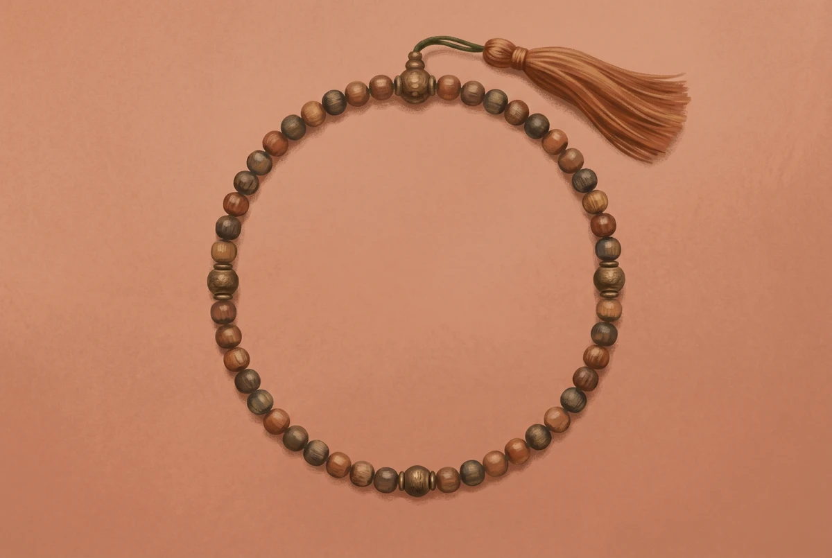 Overhead view of a mala arranged in a circle showing the larger guru bead, tassel, and spacer beads dividing the loop into four sections