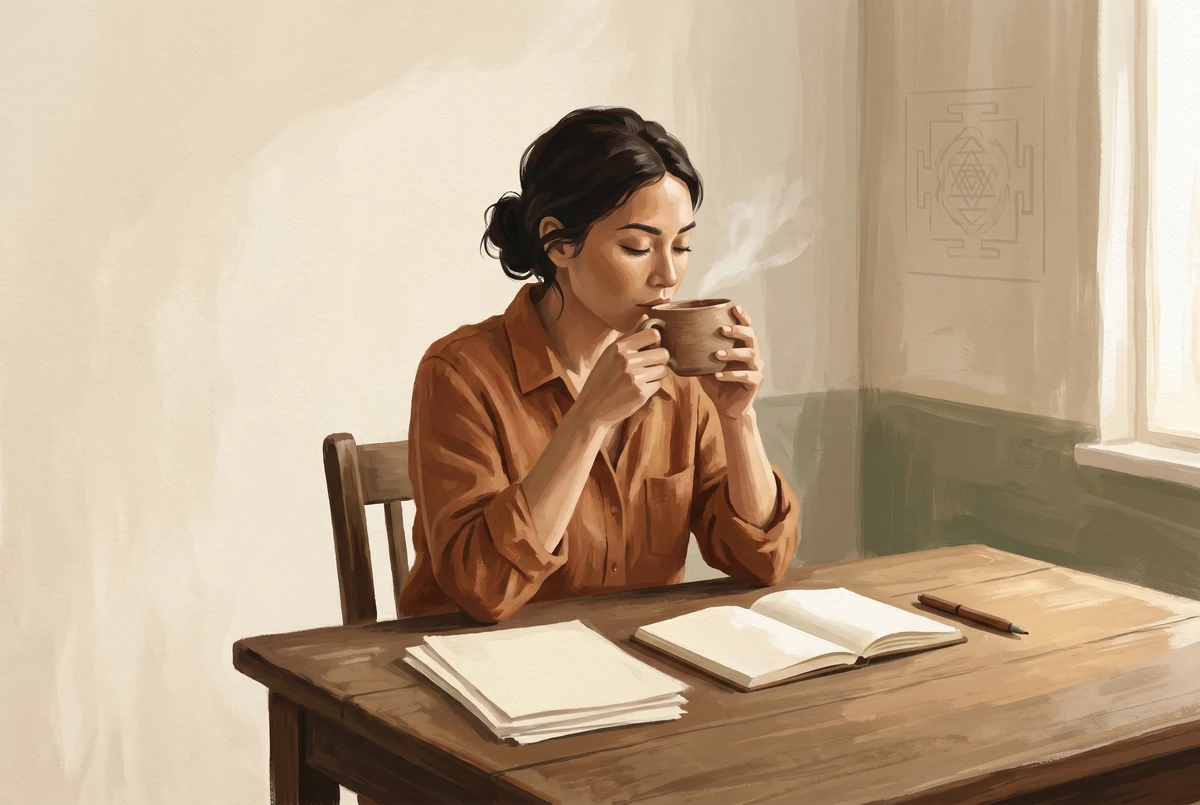 A person at a workday desk pausing with a ceramic cup just below their lips, eyes half-closed in a brief moment of attention — a micro-practice of presence embedded in an ordinary day