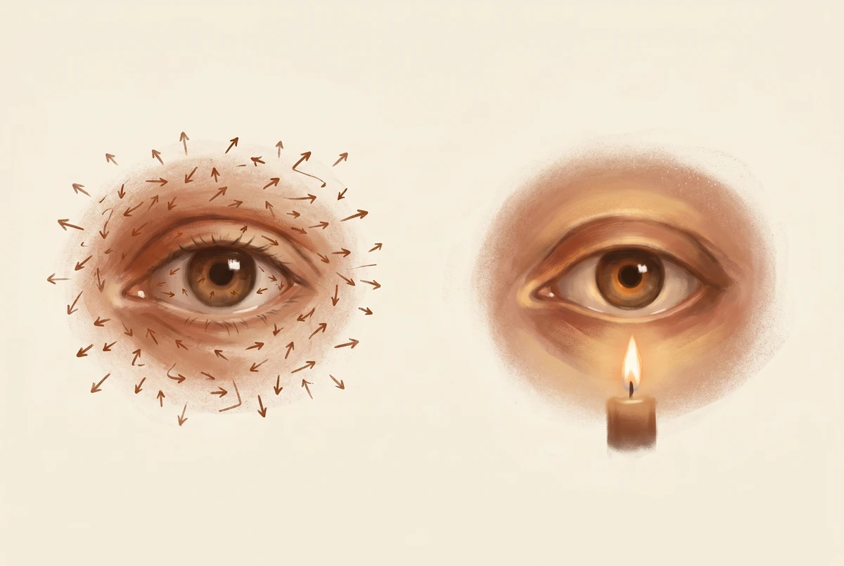 Two side-by-side vignettes: a restless eye with scattered micro-movements versus the same eye steady while gazing at a candle flame, illustrating how fixed gaze interrupts microsaccades