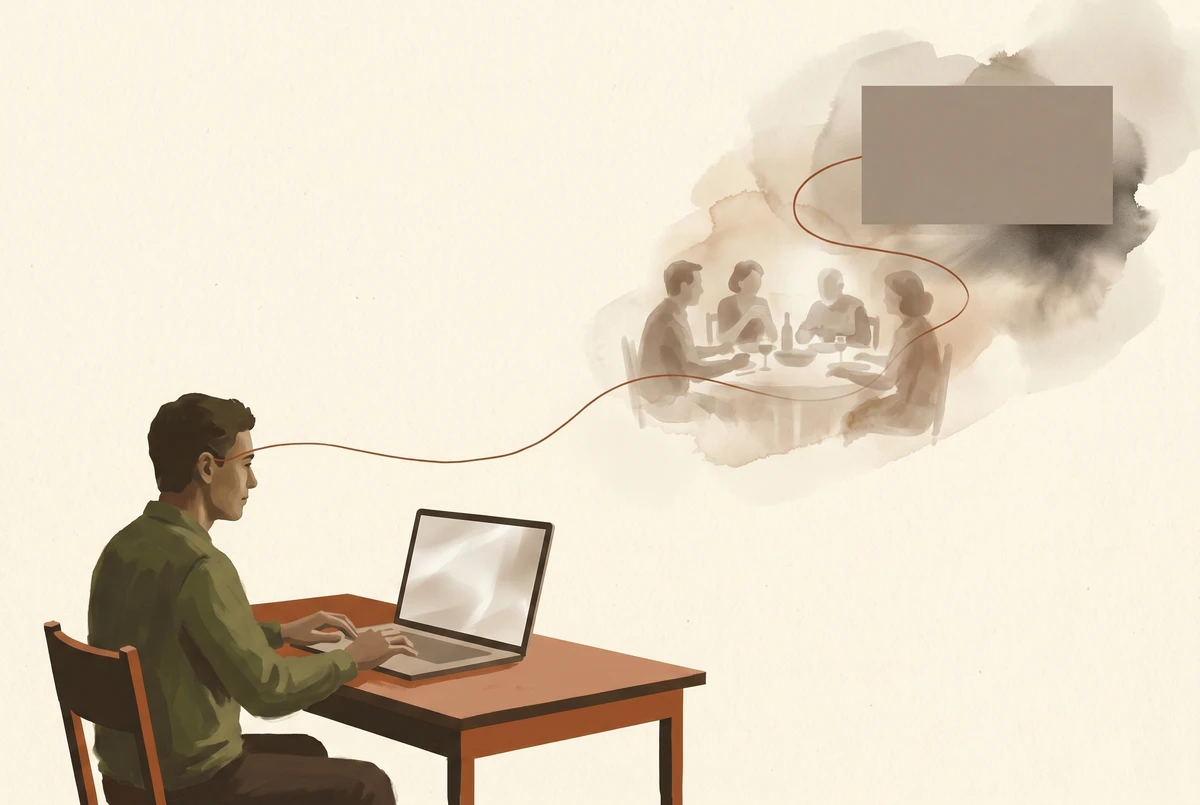 A person working at a desk while faint translucent scenes of a past conversation and a future calendar drift around them, illustrating the mind-wandering default mode network