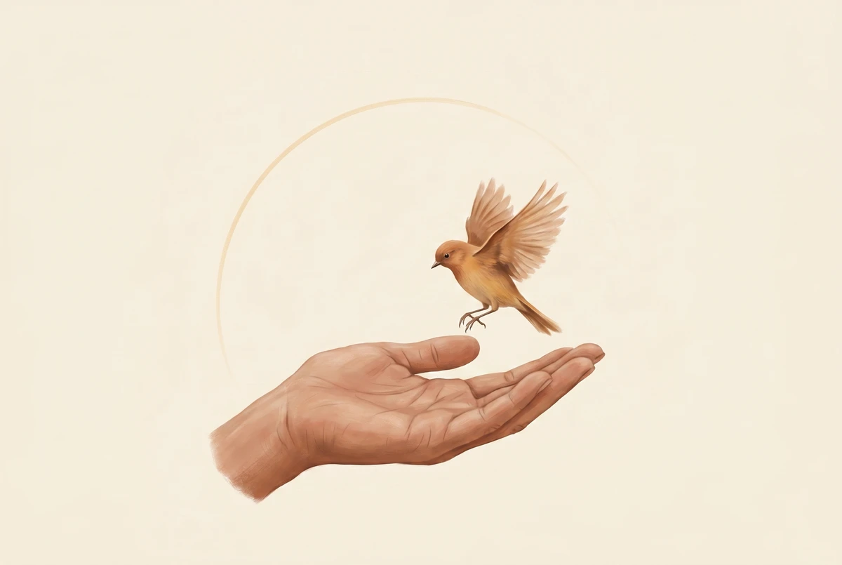 A small bird lifting off from an open palm, looping through the air, and returning to land — a visual metaphor for noticing a wandering mind and bringing attention back