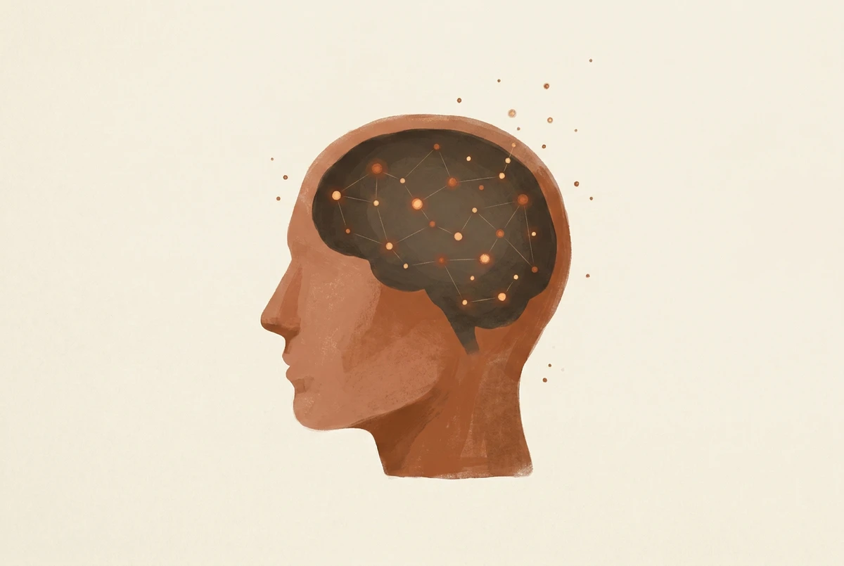 A side-profile head shown with a soft glowing constellation of interconnected dots inside, evoking the default mode network producing wandering creative thought.