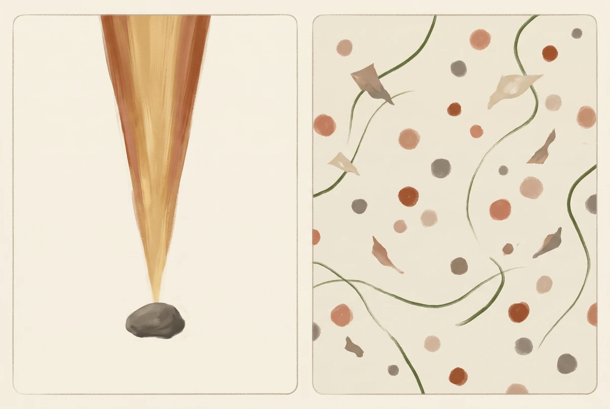 A diptych showing focused attention as a narrow funnel of light on one stone, contrasted with open monitoring as a wide field of loose drifting shapes, in earthy tones.
