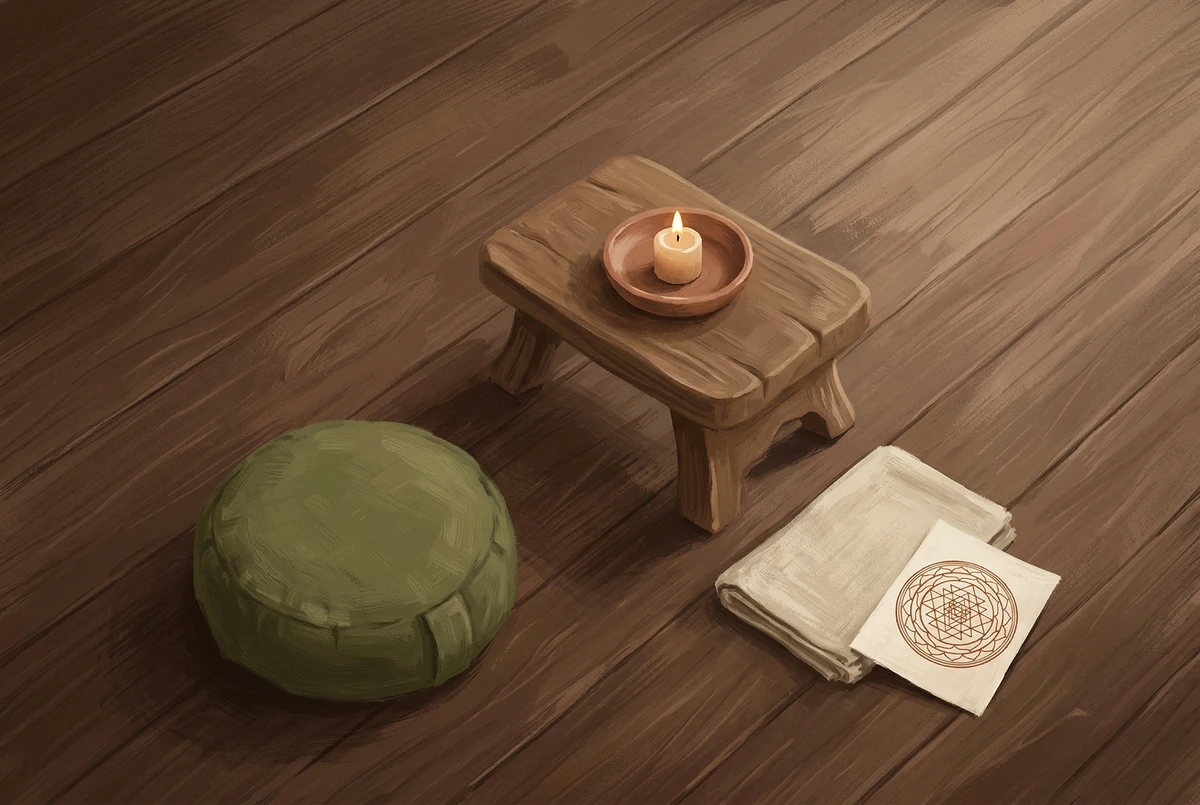 An overhead view of a simple trataka practice setup with a candle on a low stool, an empty cushion, and a Sri Yantra pattern to the side, in earthy painterly tones.