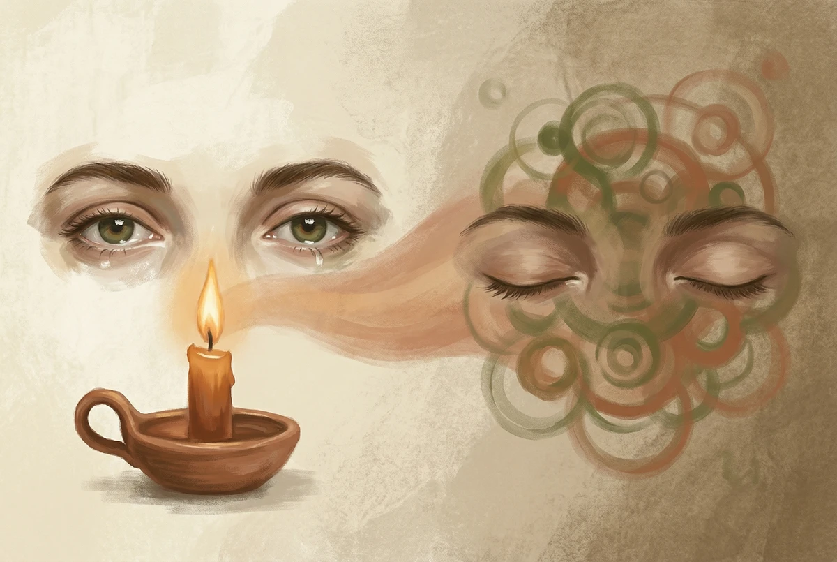 A two-part illustration showing open eyes gazing at a candle flame and then closed eyes watching a dissolving afterimage bloom, in earthy painterly tones.