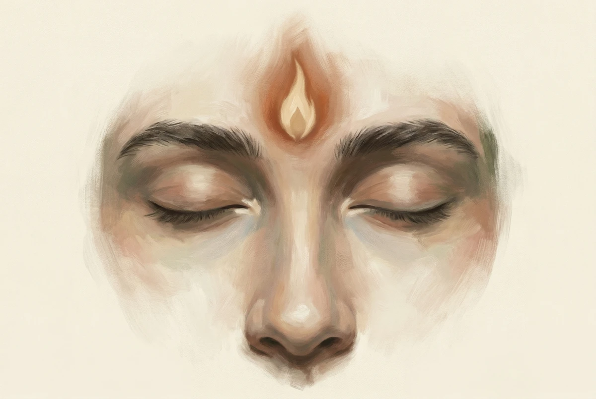 A painted close-up of a serene closed-eyed face with a soft flame-shaped afterimage glowing at the point between the eyebrows