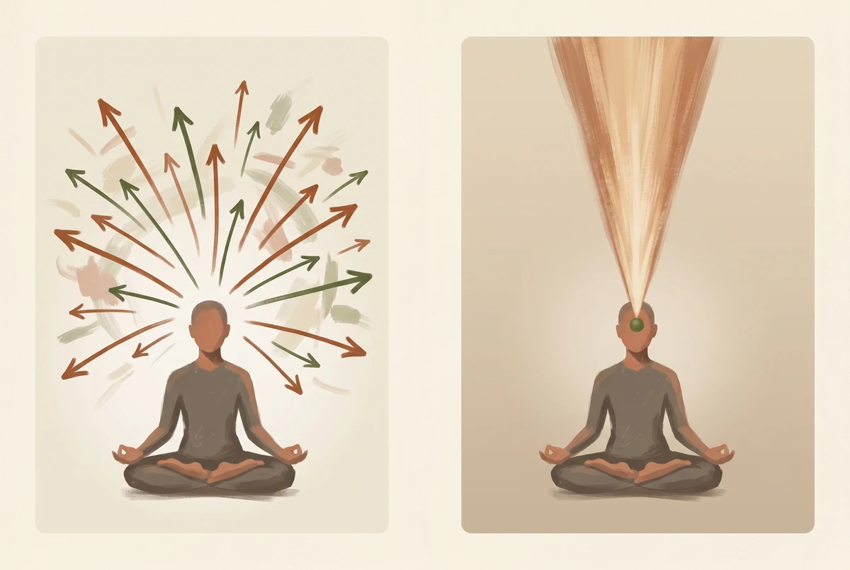 A side-by-side painted comparison showing scattered outward attention on the left and a single convergent beam of focus on the right, contrasting open-monitoring and focused-attention meditation
