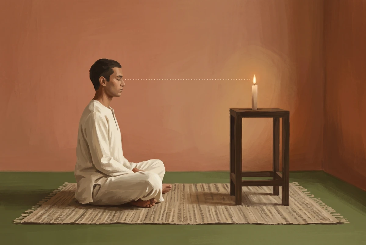 A painted side view of a seated figure gazing at a candle placed at eye level roughly an arm's length away, with a faint dotted line tracing the line of sight