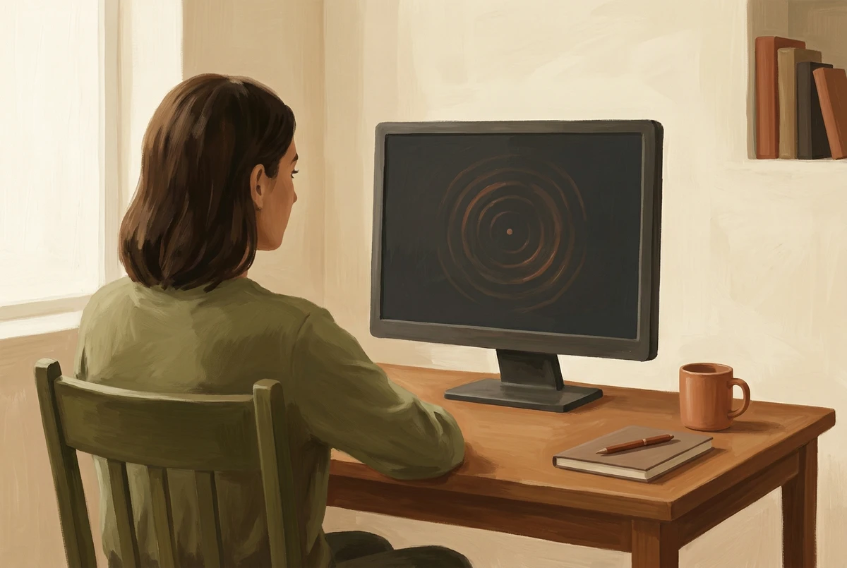 A painted over-the-shoulder view of a person at a desk anchoring their gaze on a single point on the screen, with soft concentric ripples marking the focal point