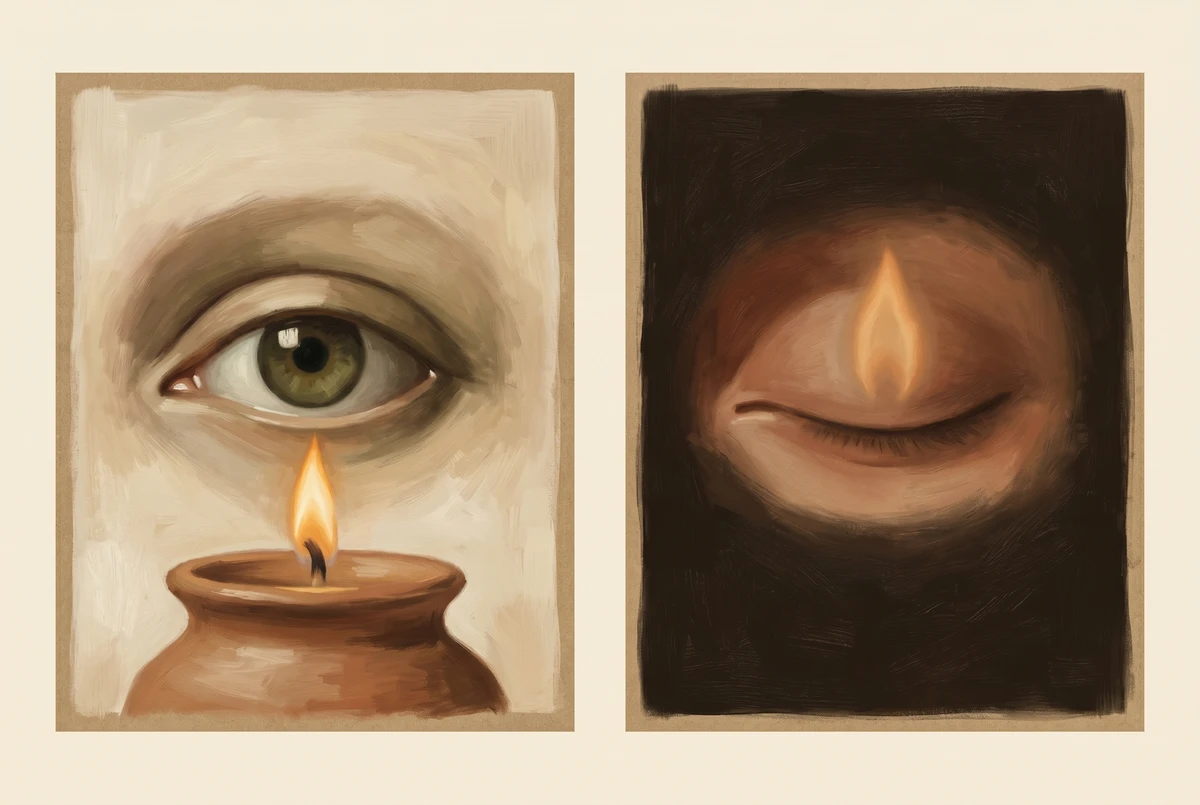 Two painterly panels showing an eye gazing at a flame and then closed with a luminous afterimage persisting behind the eyelid, illustrating the afterimage phase of trataka.