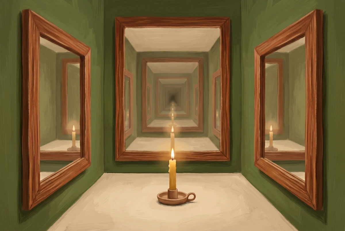 Two facing mirrors reflecting a single candle into an infinite tunnel of diminishing flames, visualizing the recursive pattern of thinking about thinking.