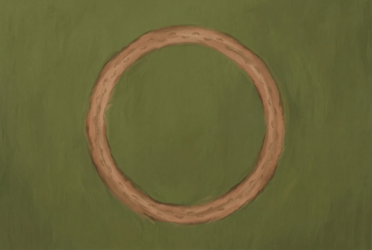 An aerial view of a footpath worn into a perfect closed circle on olive grass, illustrating the repetitive, resolution-less cycle of rumination.