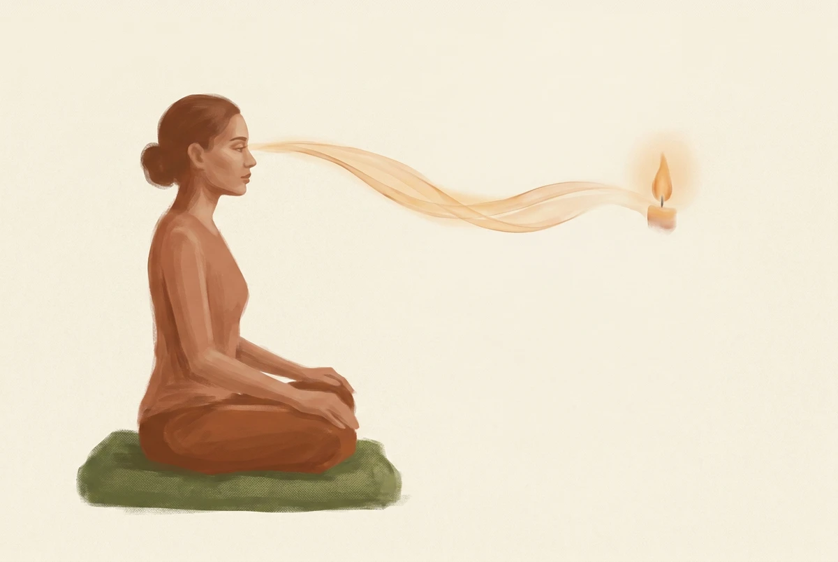 A seated meditator's gaze flowing as a soft amber ribbon toward a candle flame at arm's length, showing focused visual attention as a mental anchor.