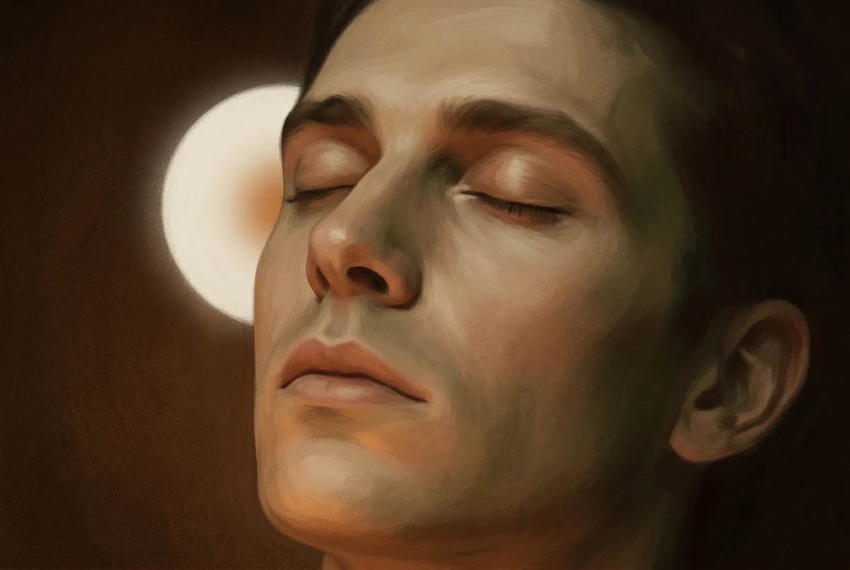 A close-up of a person with eyes just closed showing a faint warm circular afterimage of a gaze point hovering in the dark behind the eyelids, illustrating the transition from external to internal focus at the end of a trataka session