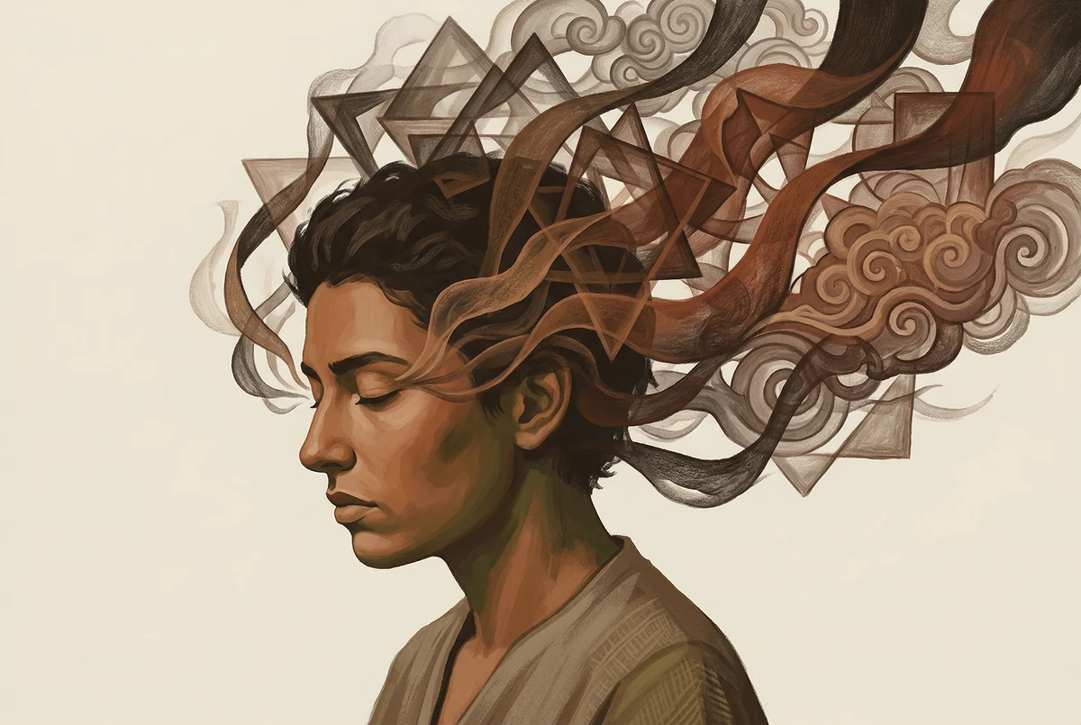 A side profile of a person with closed eyes surrounded by translucent swirling shapes and fragments, illustrating how mental imagery crowds in when programmers attempt closed-eye meditation