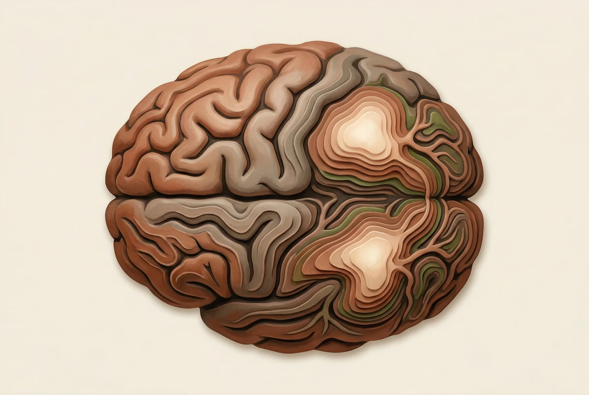 A stylized brain rendered as a topographic landscape with glowing regions and indented terraced patterns, illustrating how expert programmers develop dedicated cortical representations for visual patterns
