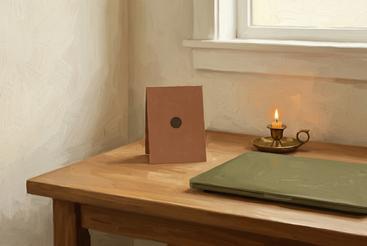 A simple desk arrangement with a small card bearing a single dot propped at arm's length beside a closed laptop and a lit candle, illustrating the trataka setup for a five-minute desk practice