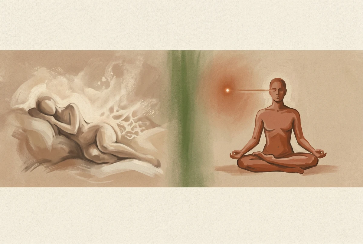 Split composition contrasting a reclining relaxation pose on the left with an upright focused posture facing a small point of light on the right, rendered in warm earthy tones.