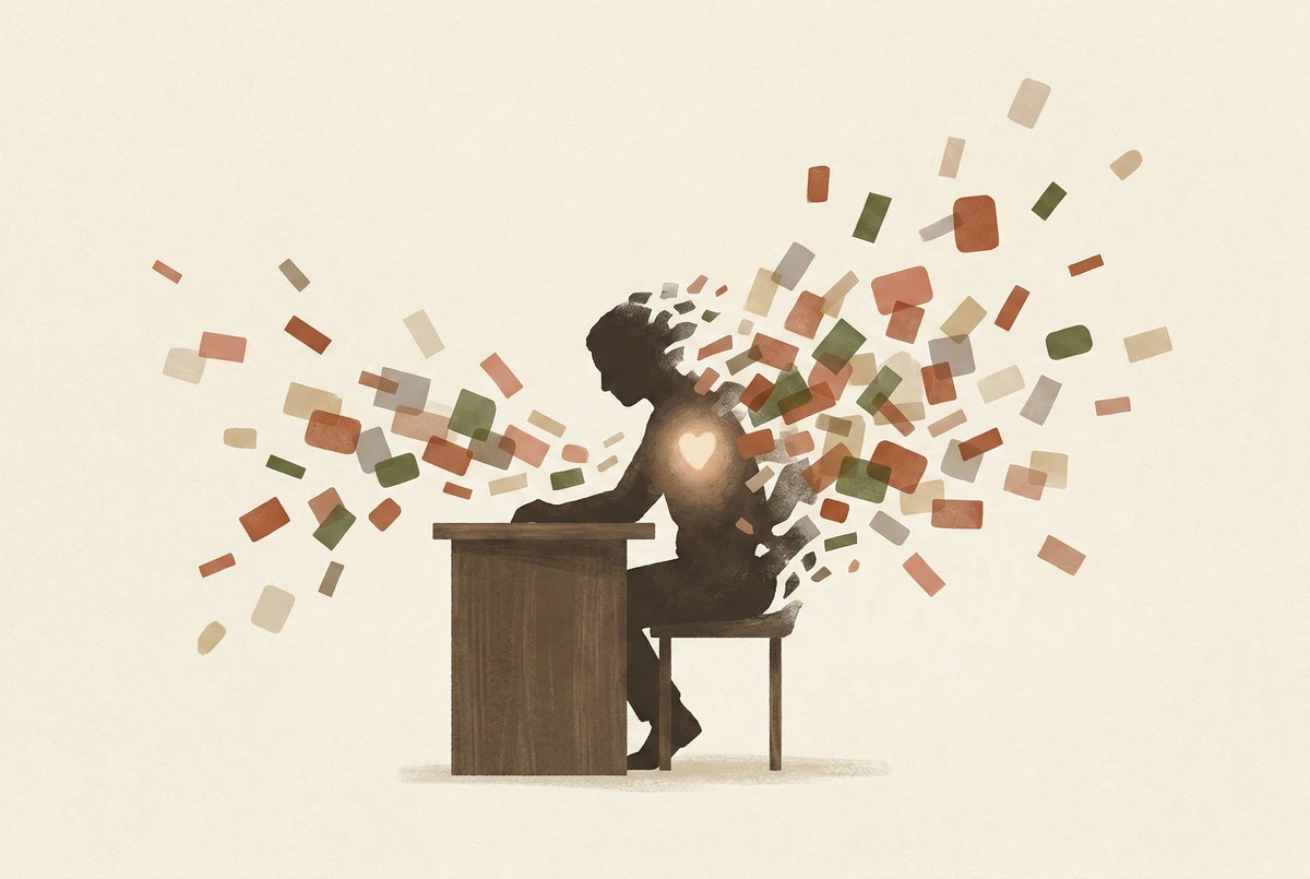 A student figure at a desk with their silhouette dissolving at the edges as numerous small translucent screen-like fragments pull their attention outward in many directions.