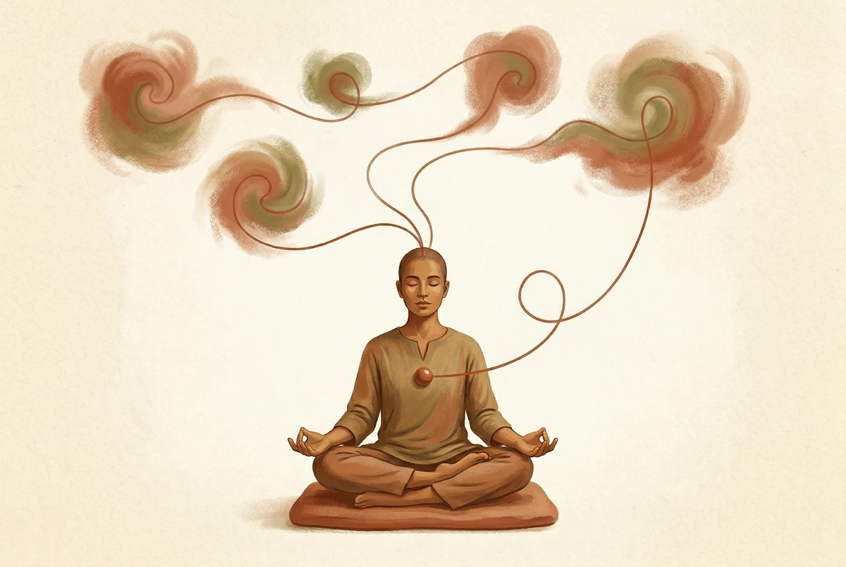 A seated meditator with a looping sienna line drifting outward into abstract thought-cloud shapes and curving back to a warm focal point at the heart, visualizing attention wandering and returning.