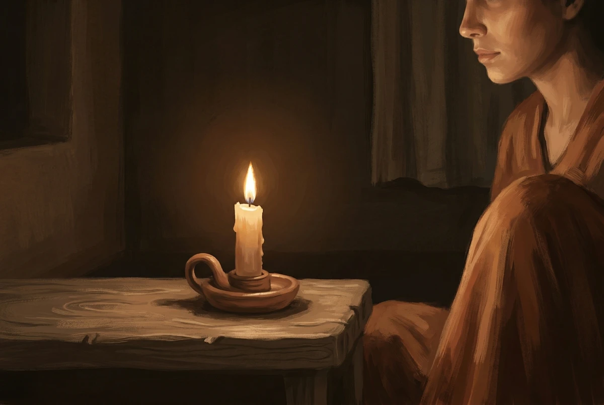 A seated figure facing a single candle at eye level an arm's length away in a warmly dim room, the flame glowing in sienna and cream against a deep olive-brown background.