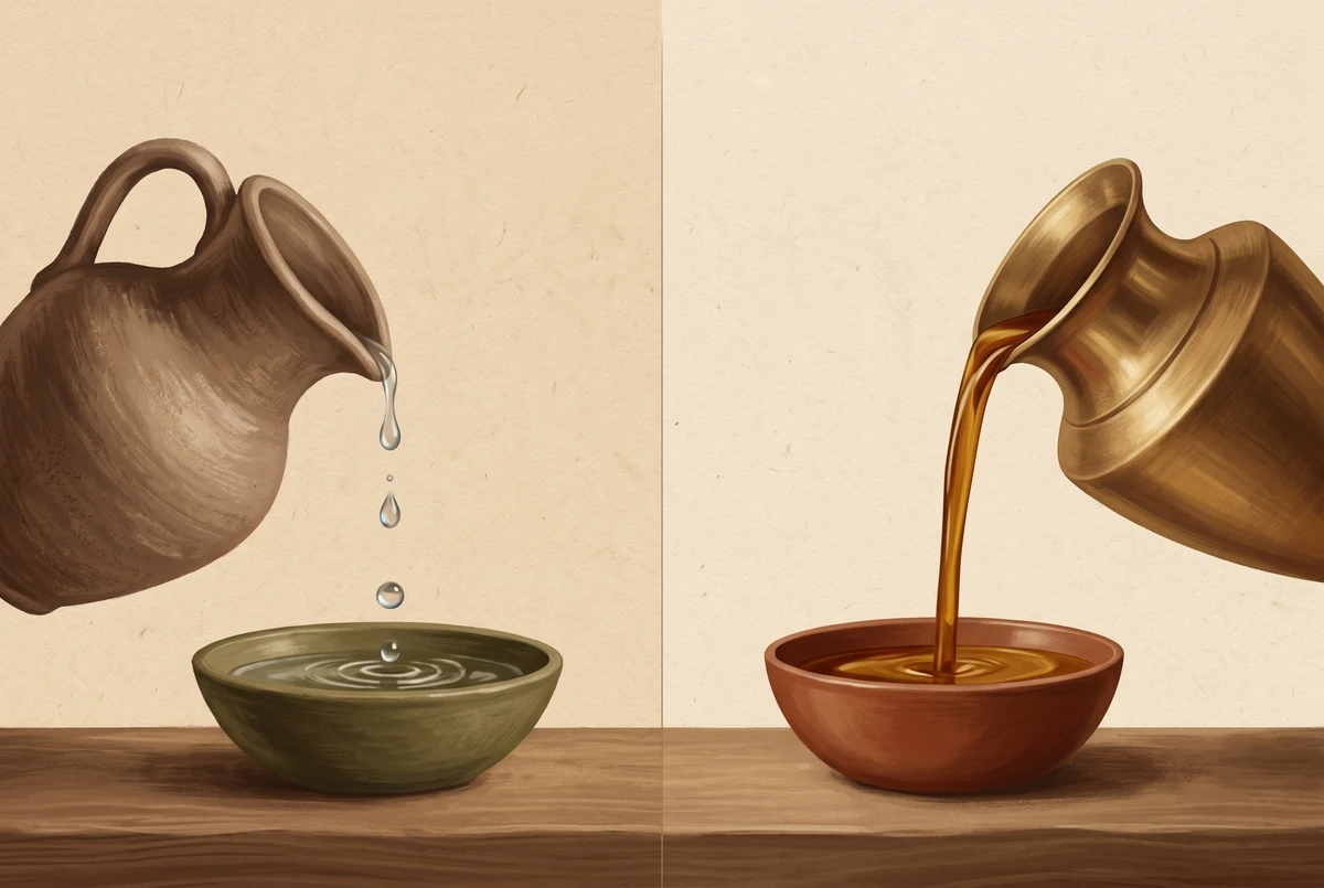 Two vessels side by side, one dripping discrete water drops, the other pouring an unbroken ribbon of oil, illustrating the shift from dharana to dhyana