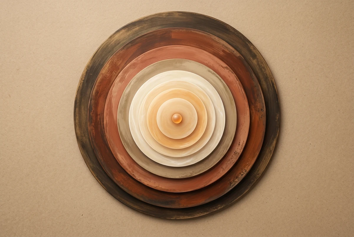 An eight-ring concentric diagram with five earthy outer rings and three luminous inner rings, illustrating the external-to-internal structure of the eight limbs