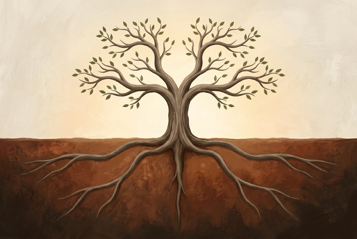 Cross-section of a tree with one dominant taproot feeding four branches, illustrating ignorance as the root of four other afflictions