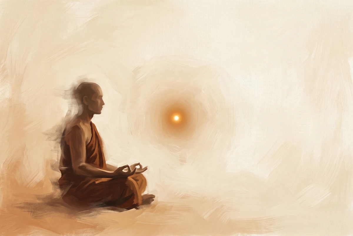 A seated meditator with dissolving silhouette facing a small sharply defined radiant object, illustrating the object shining while the self appears absent in samadhi