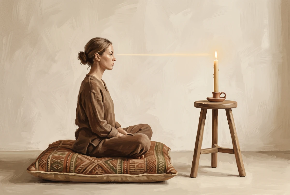 Side profile of a seated meditator with a candle on a small stool positioned at the exact height of the meditator's eyes.