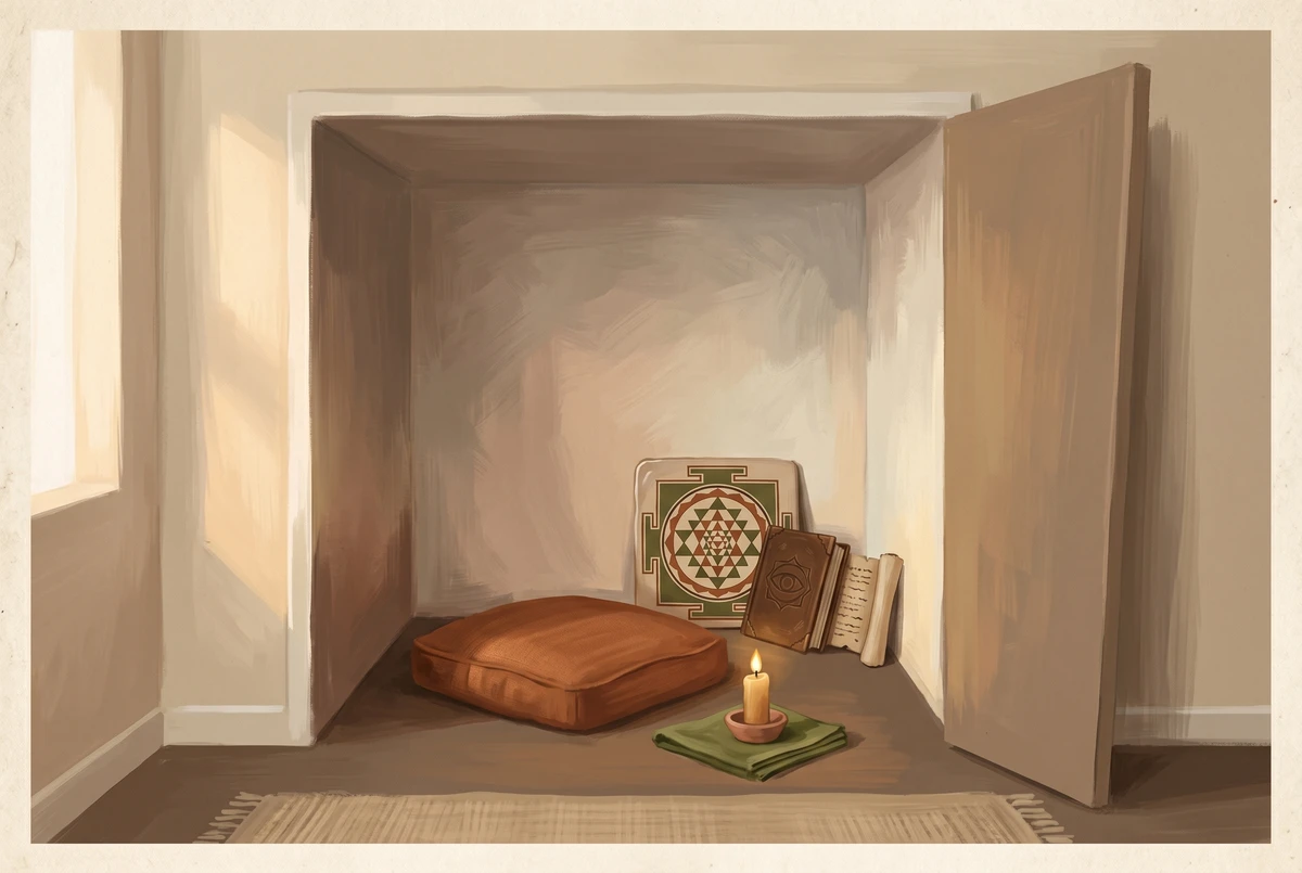 An open closet converted into a small meditation nook, with a cushion inside and a candle on a folded cloth, using the three interior walls for enclosure.