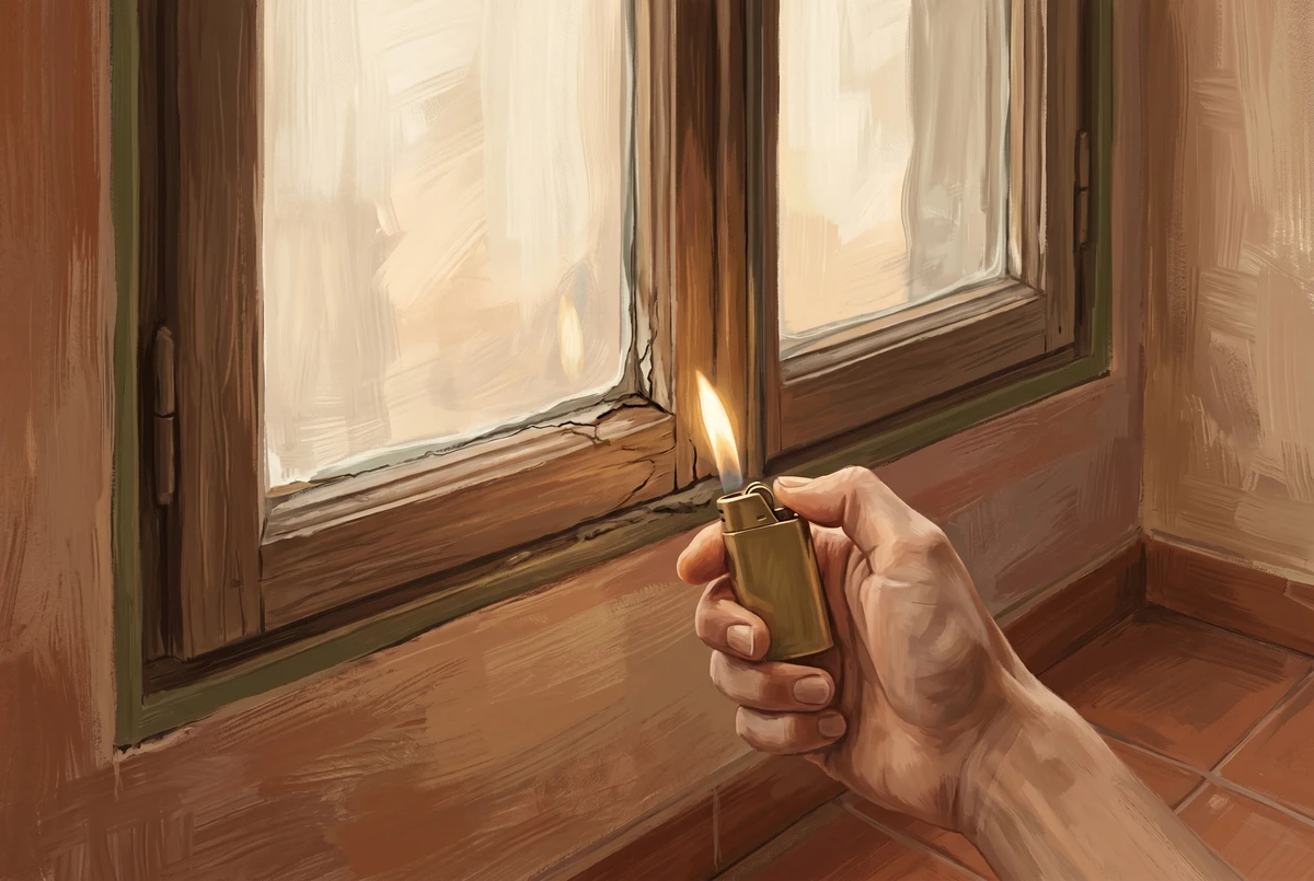 A hand holding a lighter near a window, the flame leaning sideways to reveal a draft coming through the window seal.