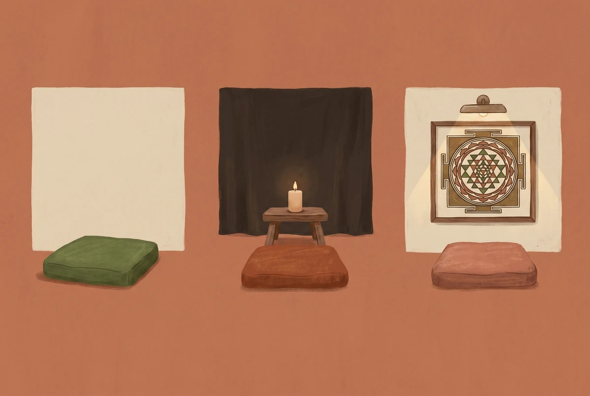 Three meditation setups compared side by side: a bare cushion for breath practice, a cushion with a candle on a small stool for trataka, and a cushion facing a wall-mounted Sri Yantra for yantra meditation.
