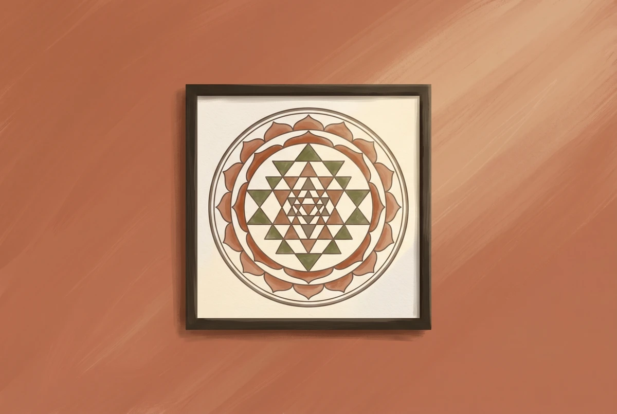 A Sri Yantra mounted on a plain wall, lit by a soft light source angled from above and forty-five degrees to the side, with no glare on the surface.